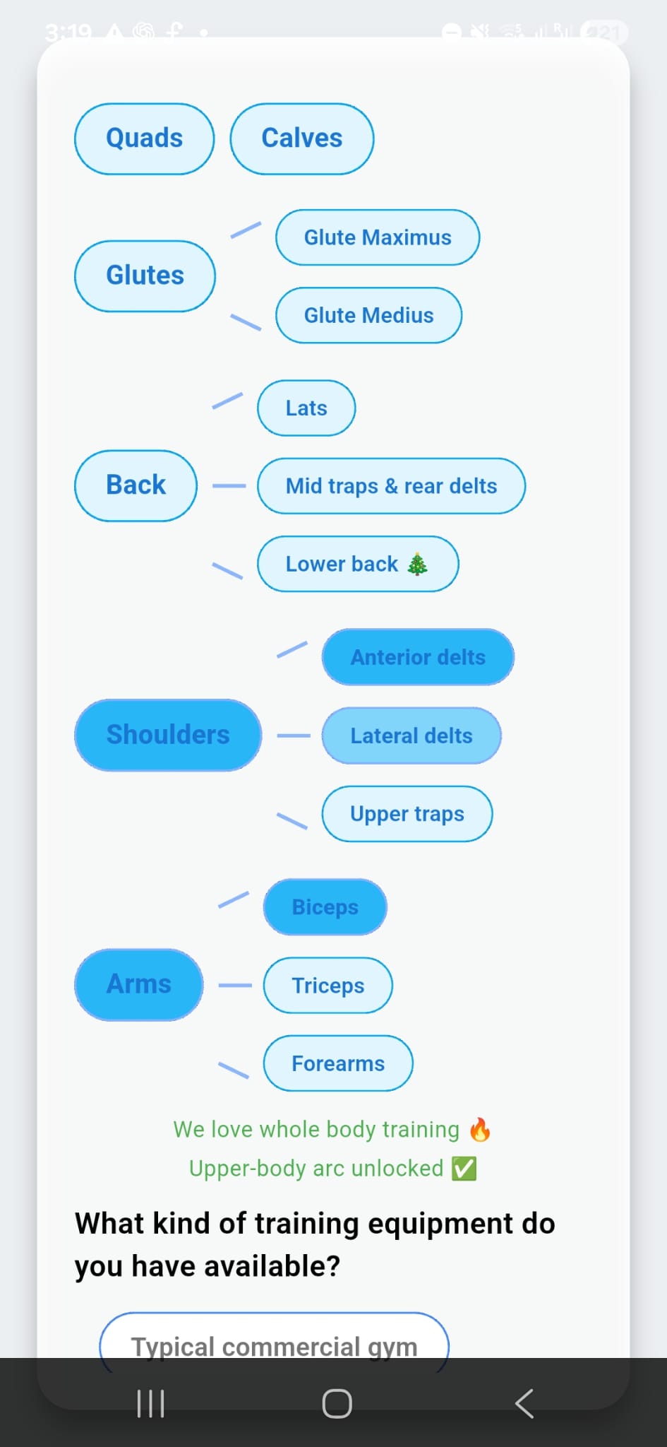 GoodLift programme emphasis selector letting you choose which body areas and specific muscle groups to prioritise.