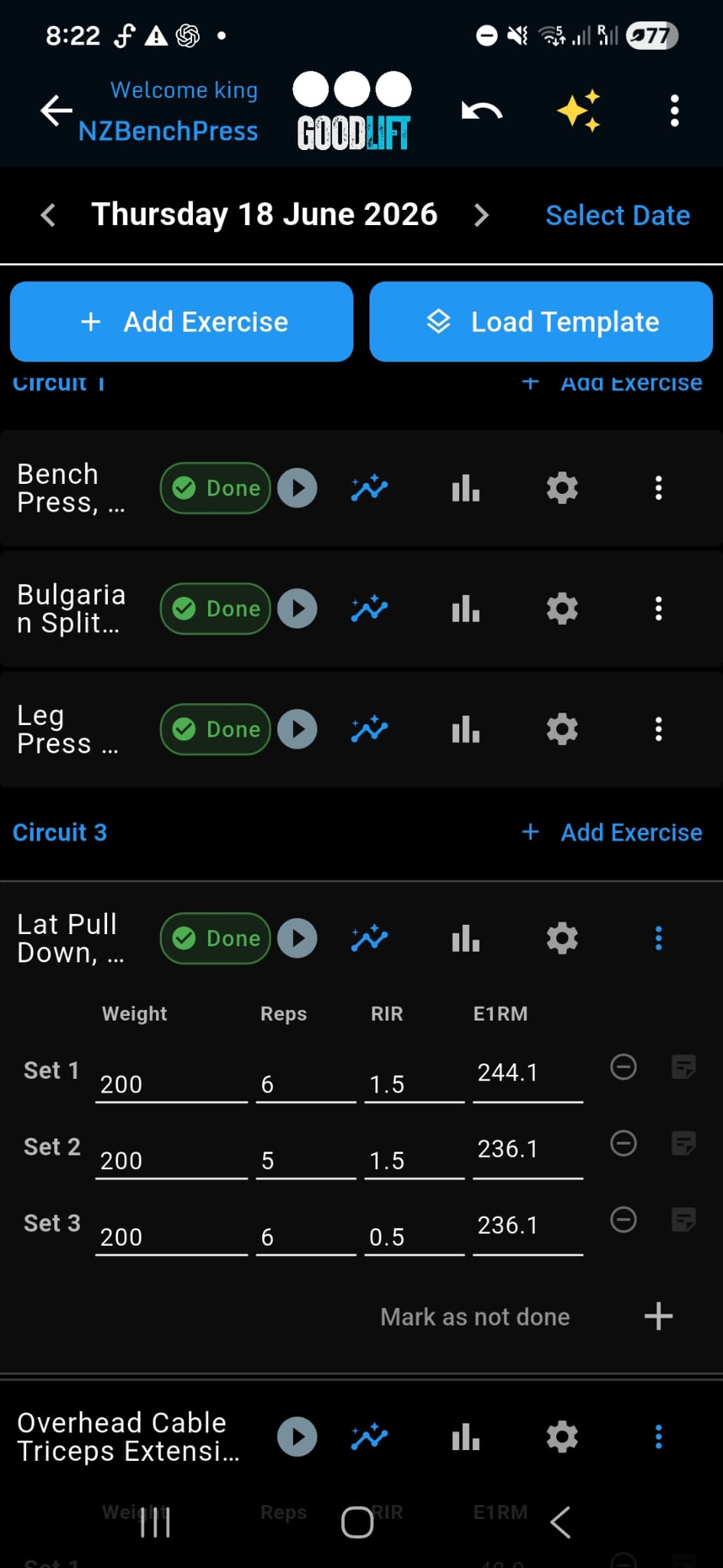 GoodLift workout entry screen showing sets logged with weight, reps, RIR and an estimated one-rep max, with exercises marked as done.