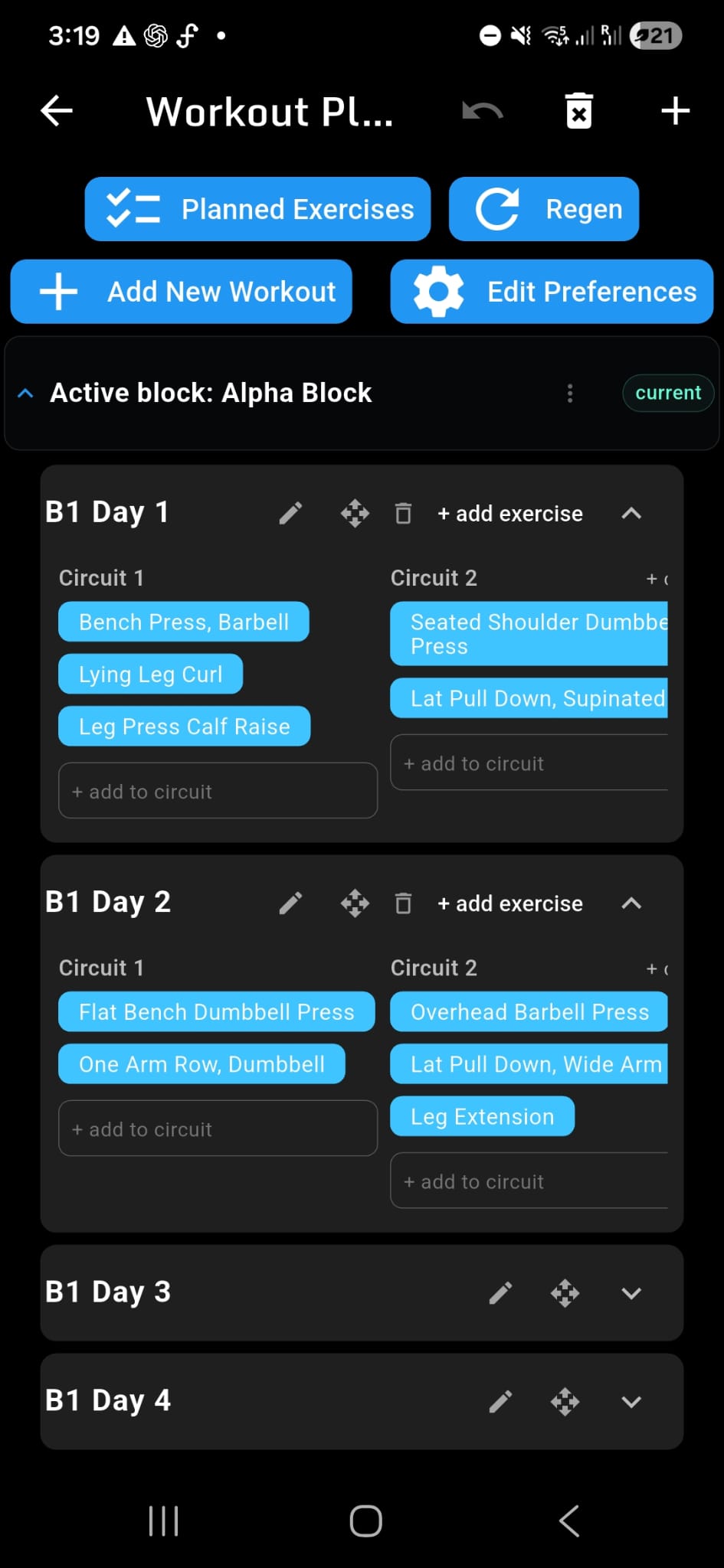 GoodLift workout planner showing a structured training block, named workout days and exercises grouped into circuits.